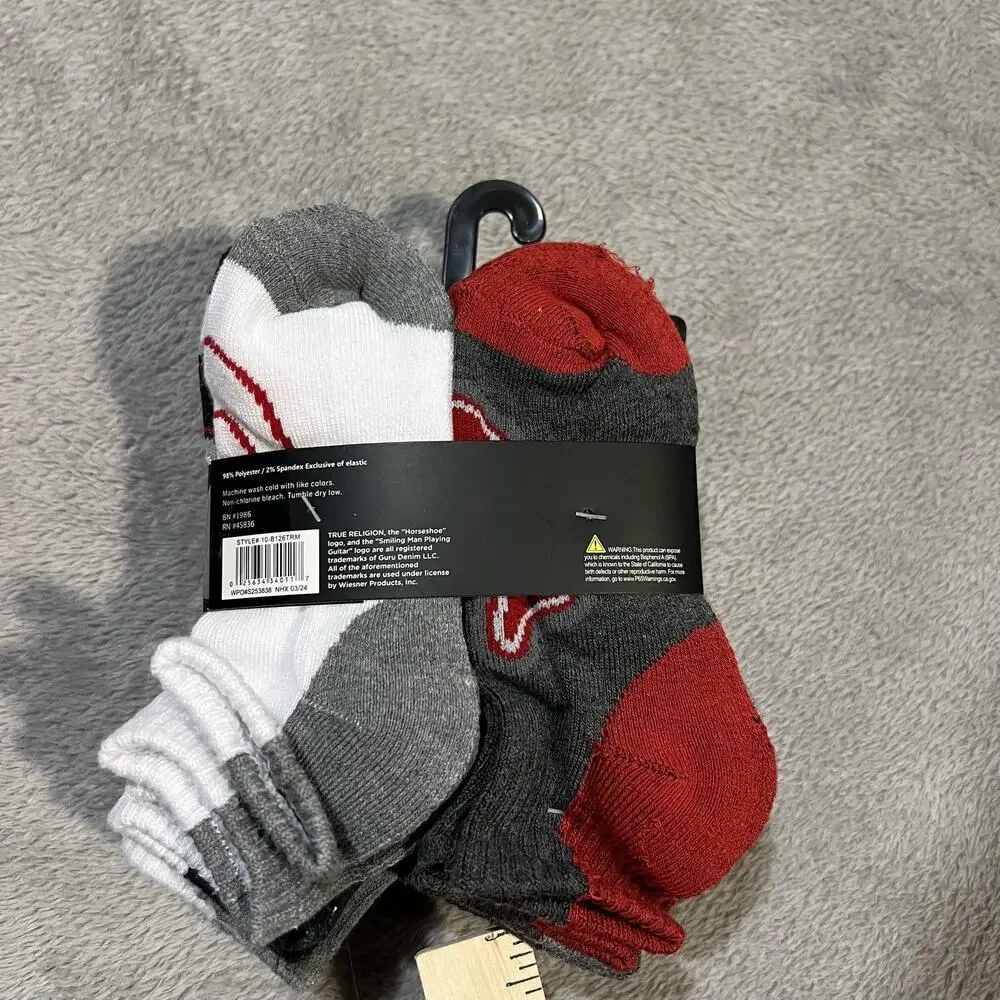 True Religion Socks Boys Size 6-8.5 White Gray Red Half Cushion Quarter 10 Pack